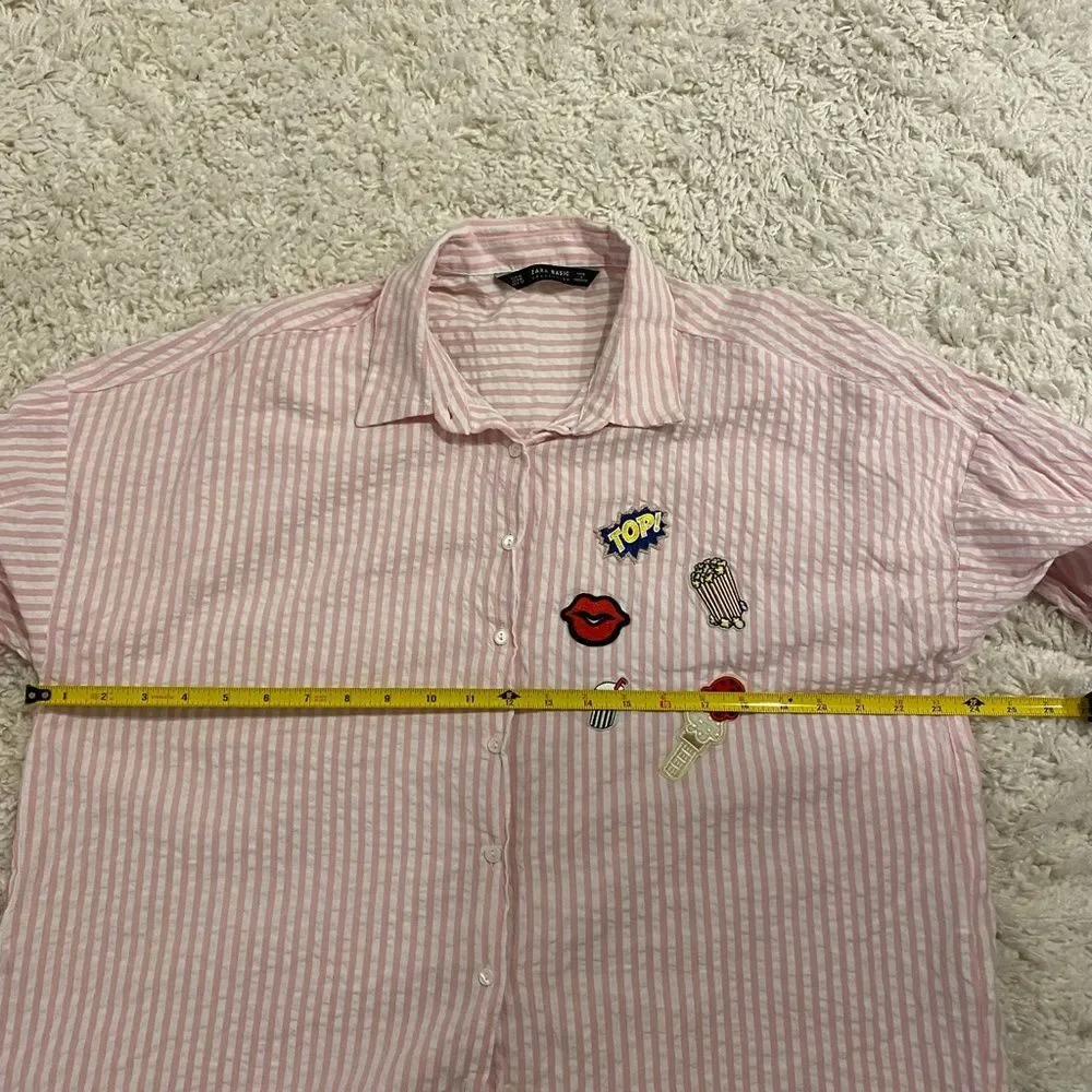 Zara Basic Pink White Striped Seersucker Patch High Low Button Down Shirt XL